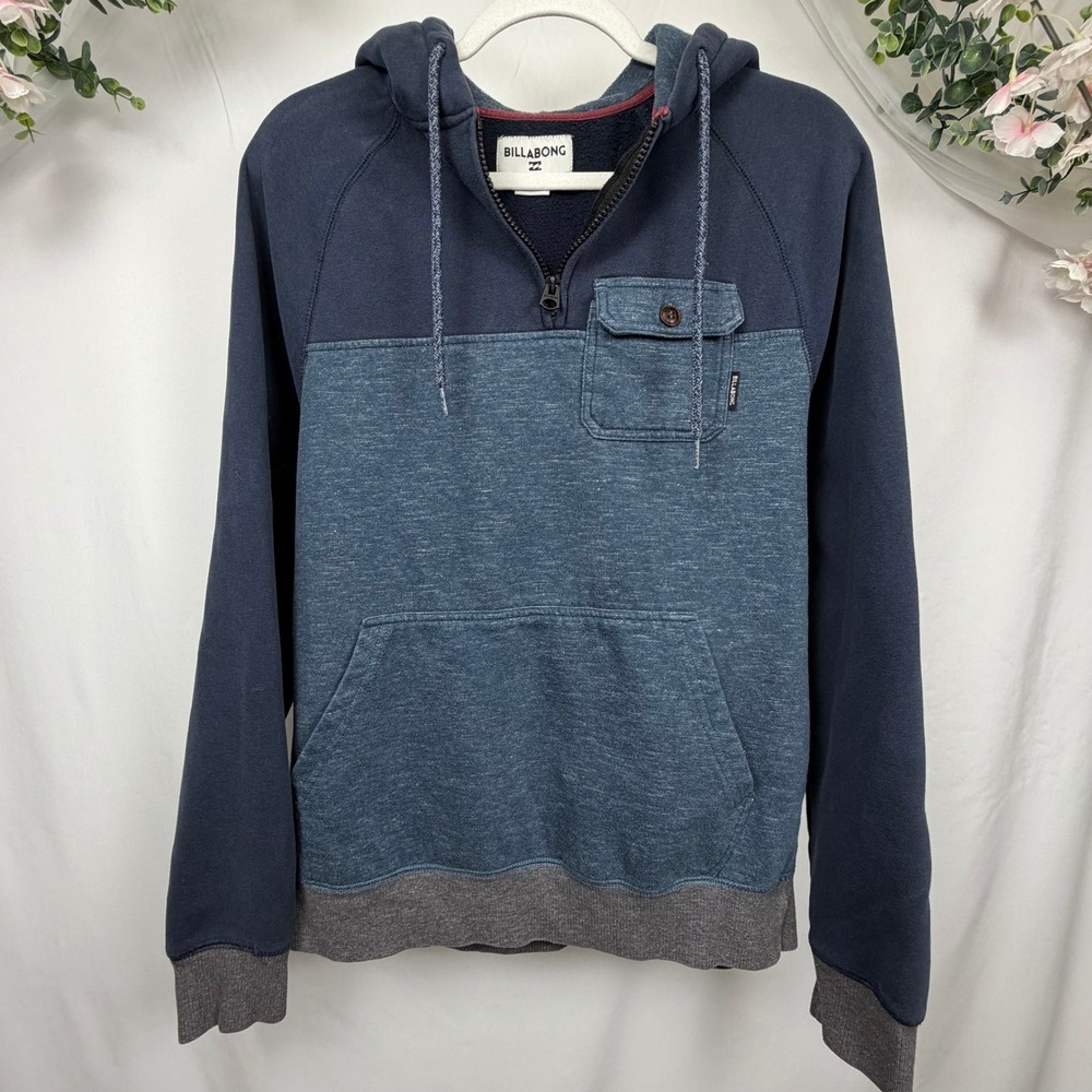 Billabong Mens Quarter Zip Hoodie Navy Blue Colorblock Raglan Sweatshirt Medium